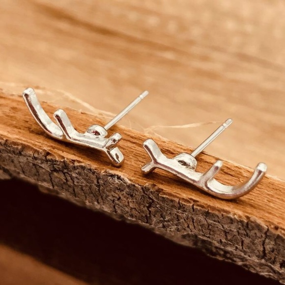 Dainty Silver Reindeer Antler Earrings - Picture 5 of 6